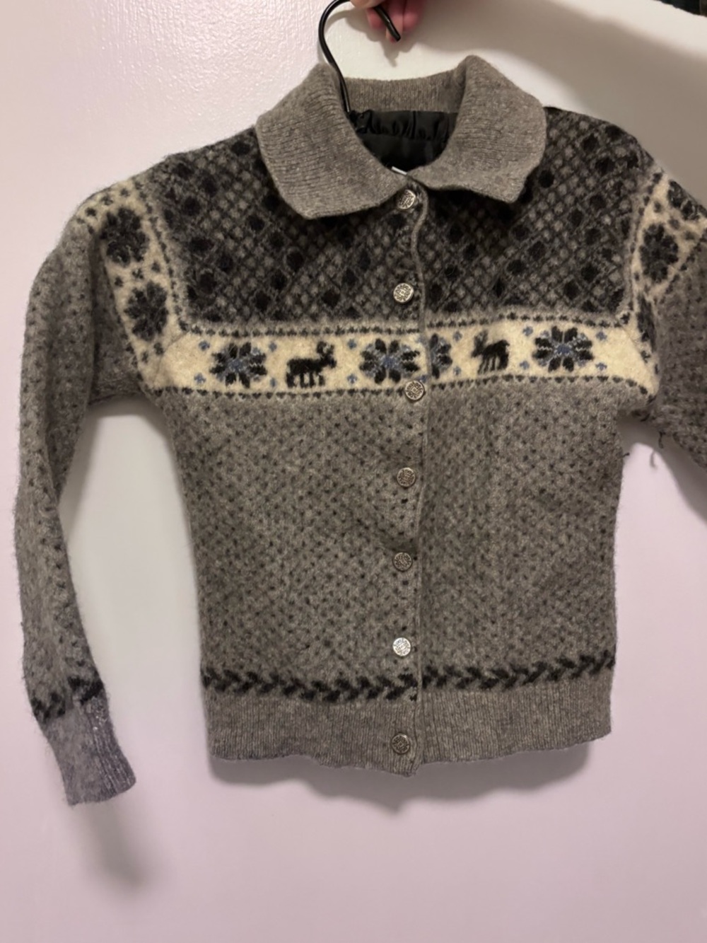 Croft & Barrow Gray Nordic 100% Wool Button-Up Cardigan Sweater with Collar